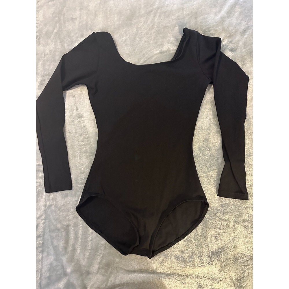 Black Bodysuit Leotard Scoop Neck Long Sleeve Stretchy Nylon Spandex Gymnastics